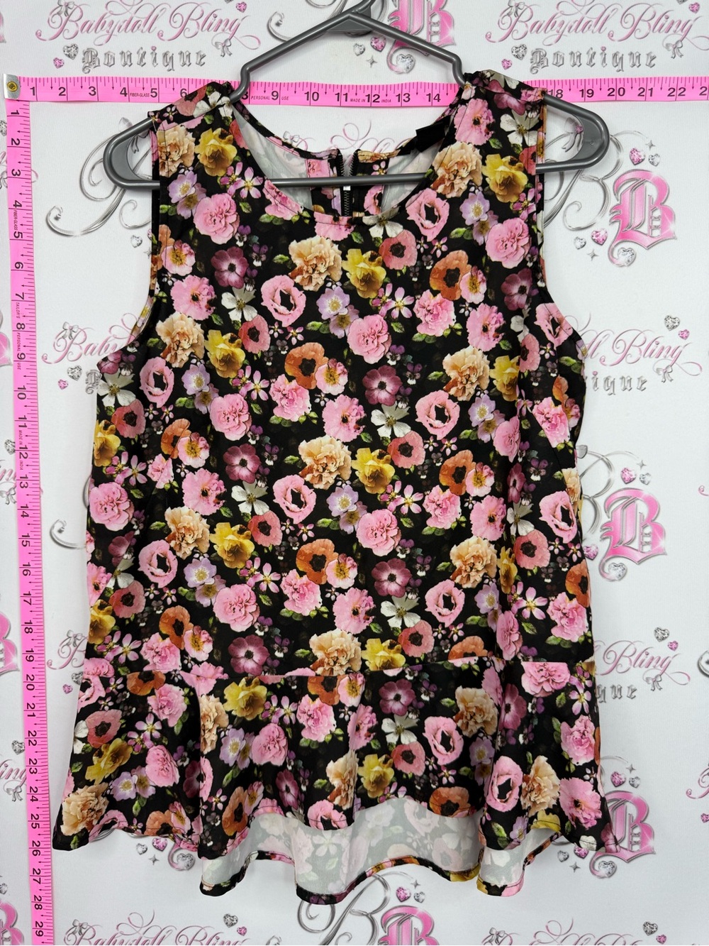 H&M Black Floral Sleeveless Peplum Tunic with Pink & Yellow Flowers